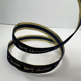 Blue Velvet Gold Merry Christmas 3/4” Wire Edge Ribbon 
