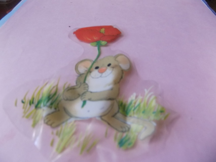 4 inch window/mirror cling mouse holding a red flower