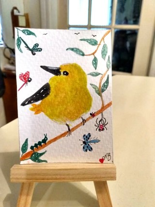 Original, Watercolor Painting 2-1/2"X 3/1/2" Yellow Warbler Bird & Friends by Artist Marykay Bond