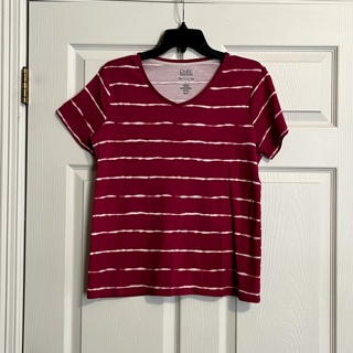 Women's Dark Pink White Striped Croft & Barrow V Neck Top Shirt - Size L