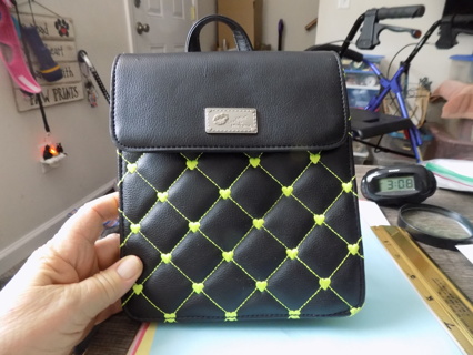 Betsy Johnson purse lime green embrodery hearts on black quilted leather