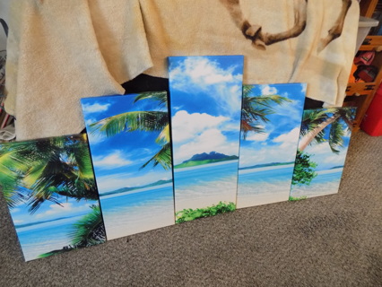 Set of 5 assorted size painted canvasses Island, beach, palm trees,blue sky wallhanging