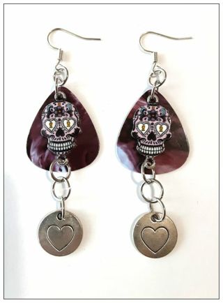 Purple Sugar Skull Guitar Pick Earrings B-9