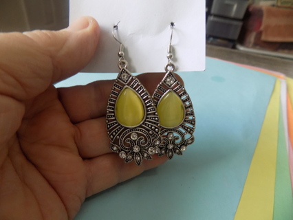 French hook earrings very dressy 3 inch teardrop silvertone yellow stone and clear rhinestones