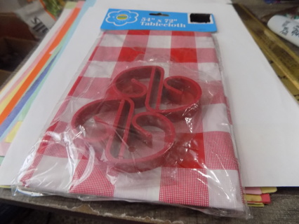 NIP 54 x 72 red plaid plastic tablecloth and 4 table clamps