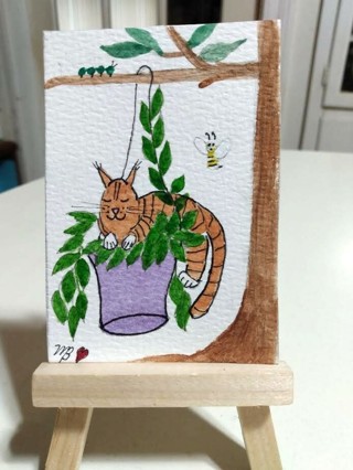 ACEO Original, Watercolor Painting 2-1/2"X 3/1/2" My Plants are never safe. by Artist Marykay Bond