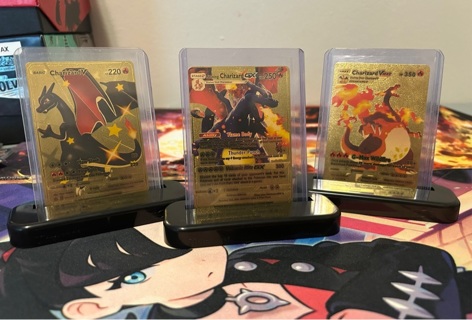 Pokemon Gold Foil Fan Art 3 Card Lot Charizard V Vmax GX!!