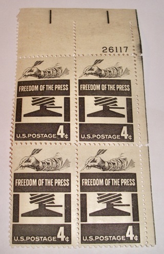 Scott #1119, Freedom of the Press, Pane of 4 Useable 4¢ US Postage Stamps
