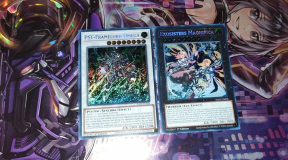 2 secret Rare Holo Yugioh Cards Exosisters Magnifica and Psy framelord omega