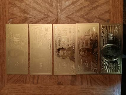 24KT gold plated bills 5, 10, 20, 50 and 100