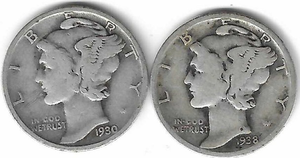 1930 and 1938 Mercury Dimes 90% Silver U.S. 10 Cent Coins