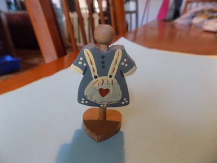 Handmade wooden doll dress form for doll house, with blue dress, bunny on front