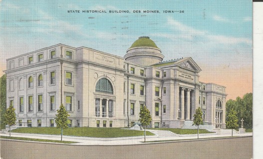 Vintage Used Postcard: L: 1954 State Historical Building, Des Moines, Iowa