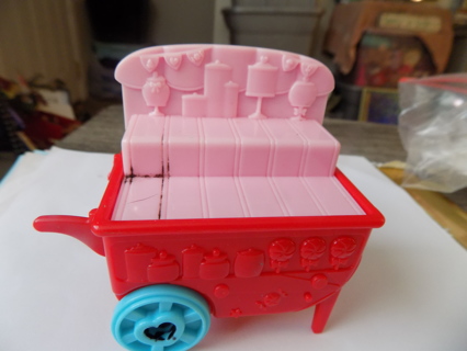 3 inch tall Shopkins food cart red and pink and blue wheels