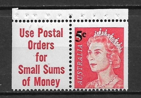 1967 Australia Sc398 surcharged 5¢ on 4¢ Queen Elizabeth MNH with tab