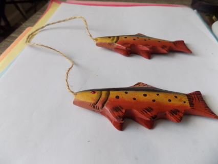 Pair of hand carved and hand painted wooden trout on a jute string 4 inch