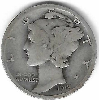 1918 Mercury Dime 90% Silver U.S. 10 Cent Coin