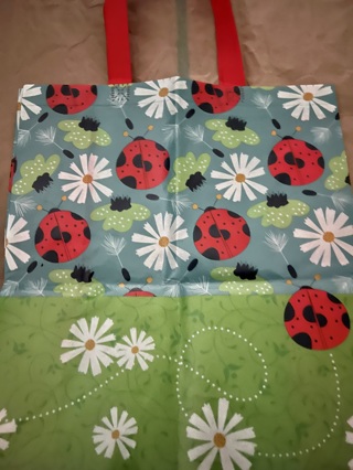 BNIP Pretty Red, Multi Flowered Bag. Decorated On Both Sides (17 x 14) Ladybugs. Handles Reusable