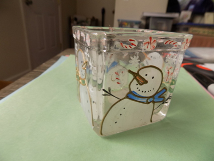 Small glass square candle holder # 2 has snowmen painted all 4 sides