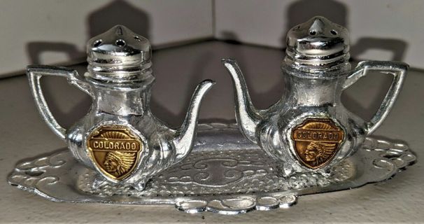 Miniature metal COLORADO Salt & Pepper shakers on metal tray - tray is 4 1/2" long - made in Japan