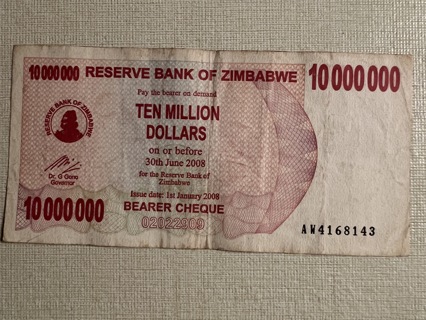 Zimbabwe $10,000,000 bill Bearer check 2008