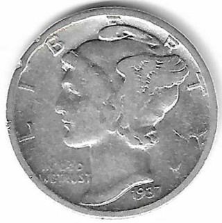 Vintage 1937 Mercury Dime 90% Silver U.S. 10 Cent Coin