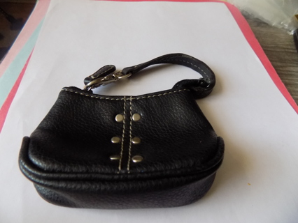 black leather purse shaped change purse with nail heads 4 x 3 zips at top