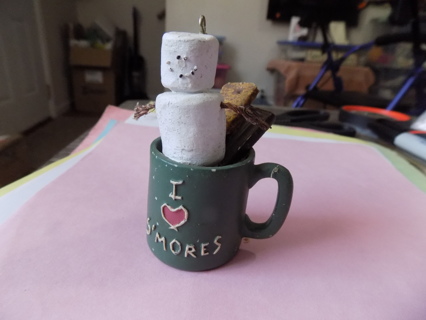 3 1/2 tall S;more marshmallow man in green coffee mug I love S'Mores 