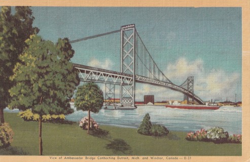 Vintage Unused Postcard: s: Ambassador Bridge, Michigan to Canada