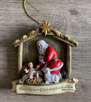 Kneeling Santa Nativity Scene Bible Verse Christmas Tree Ornament Holiday