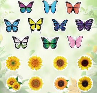 ↗️NEW⭕(18) 1" SUNFLOWER & BUTTERFLY STICKERS!!