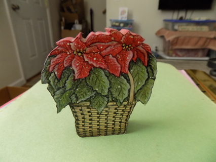 Wood Scroll saw cut out basket of poinsettias 3 inch hand painted 1 in thick