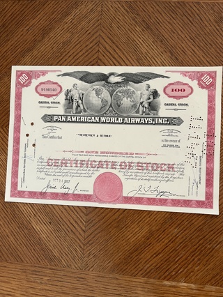 Pan American PanAm World Airways stock certificate 1967