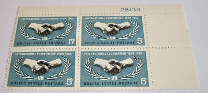 Scott #1266, UN, International Cooperation, Pane of 4 Useable 5¢ US Postage Stamps.