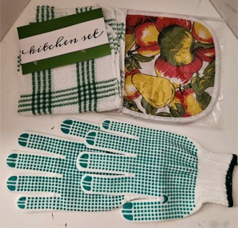 Kitchen Set: 2 dish towels, 2 pot holders & 2 lid removers/ non-slip gloves