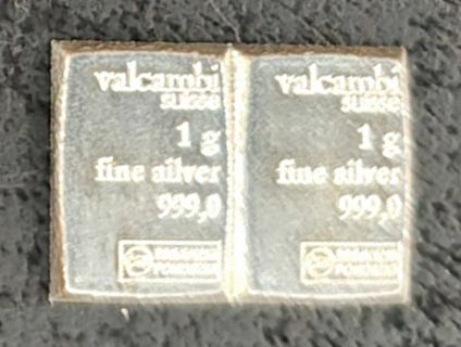 One Pair 1 Gram Valcambi Break Apart .999 Fine Silver Bars some Tarnish