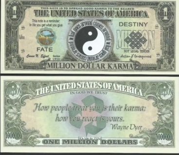 1 million dollar karma bill novelty play funny fake money W/Sleeve