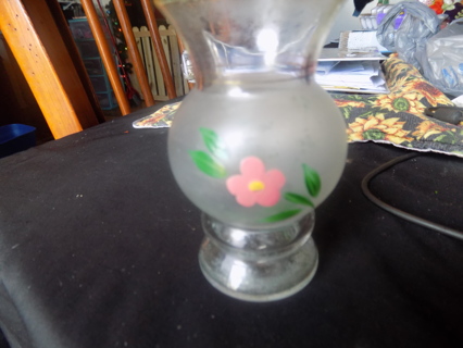 vintage frosted hand painted Bristal glass flared at top mini budvase, painted pink flower