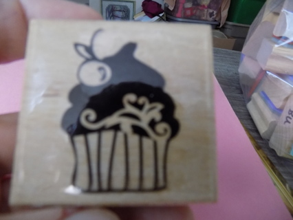 Wood mount rubber stamp cupcake with a cherry 2 inch