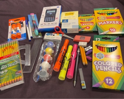 School/Ofc Lot: Glue,Calculator,Multi Color Pen,Paint,Markers,Highlighter,Tape, Post-It Notes...