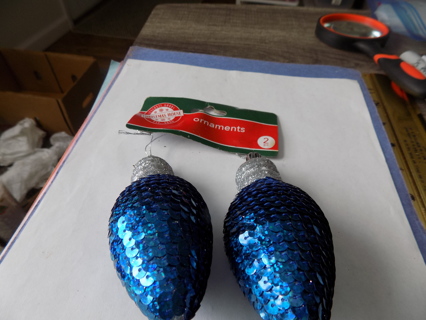 NIP Pair of blue sparkly metallic Christmas bulb shaped ornaments