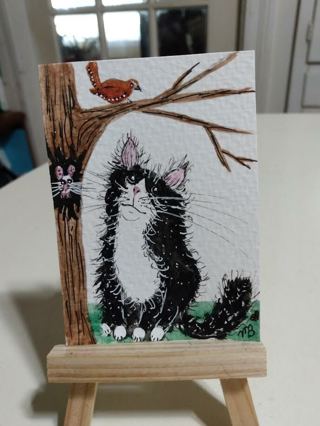 ACEO Original, Watercolor Painting 2-1/2"X 3/1/2" Cat, Mouse, Carolina Wren by Artist Marykay Bond