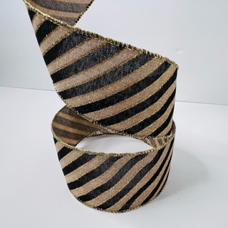 Black & Gold Glittery Striped 2.5” Wired Ribbon 