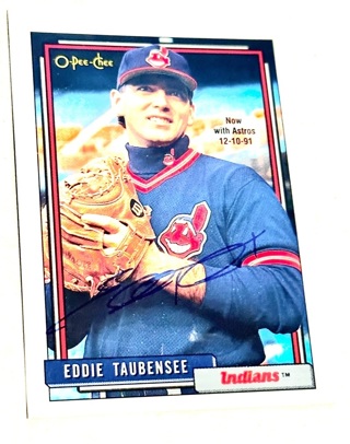 Autographed 1992 Topps Baseball Card #427 Eddie Taubensee Rookie