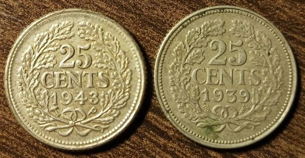 1939 & 1943 Silver Netherlands 25 Cents Full bold dates!