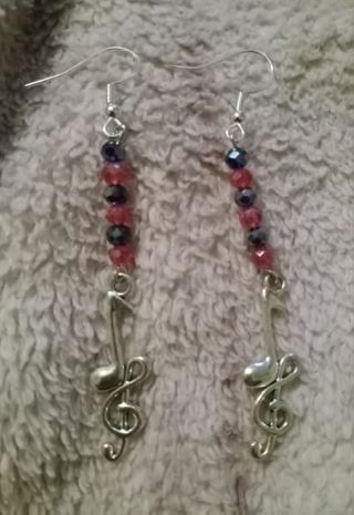 Red and blue crystal music notes charm 925 stamped hook earrings