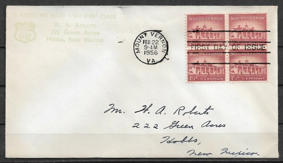 1956 Sc1032 1½¢ Mount Vernon Block of 4 FDC