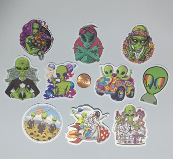 10 Psychedelic Aliens Stickers, NEW, Unused