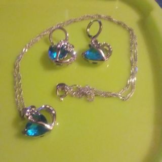 Necklace and Earring Set Blue Glass Like Stone & Rhinestones