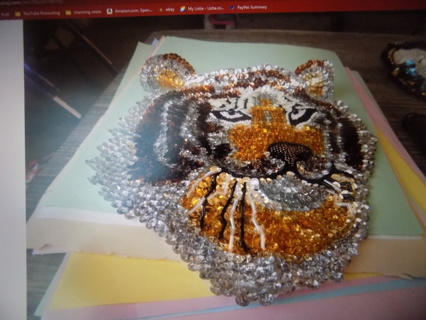 Vintage sequined covered tiger applique 10 inch tall & 8 wide